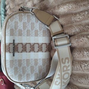 Michael Kors Cream and Brown Crossbody Bag with Monogram Design
